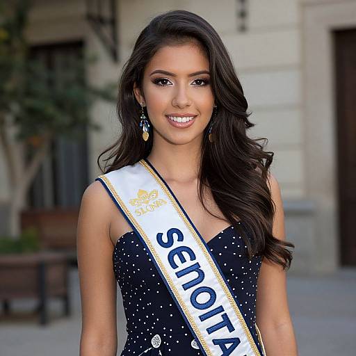 Photograph of a smiling young woman with long, wavy black hair, wearing a black, sleeveless, sparkling dress with a white sash reading