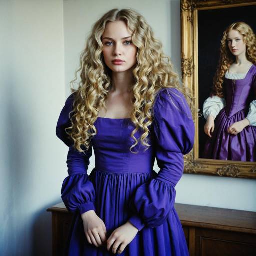 Blonde Woman in Purple Dress with Curly Hair