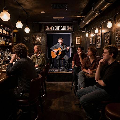 Photograph of a dimly lit bar with six young men, one guitarist performing on a small stage, surrounded by wall art. Warm, vintage lighting