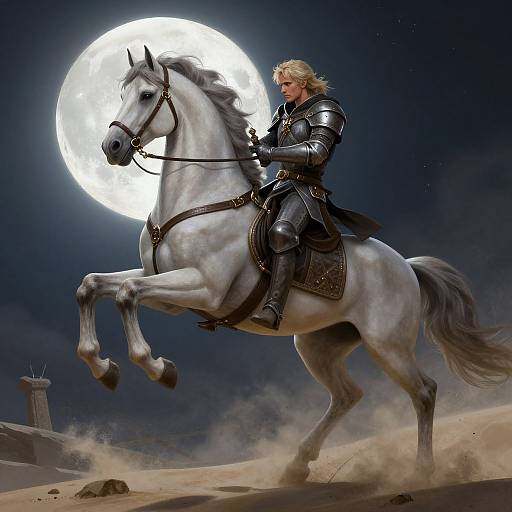 Digital art: Blond knight in shiny armor rides a white horse under a full moon, with a distant tower visible. The horse rears, kicking up