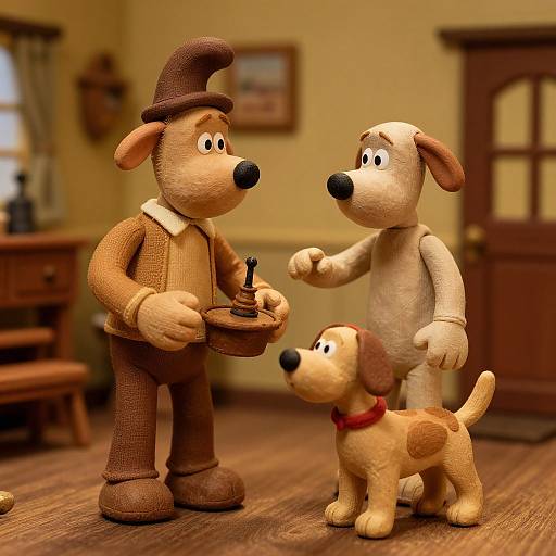 Photograph of three wooden figurines: a brown dog in a hat and vest, a white dog, and a yellow dog with a red collar,