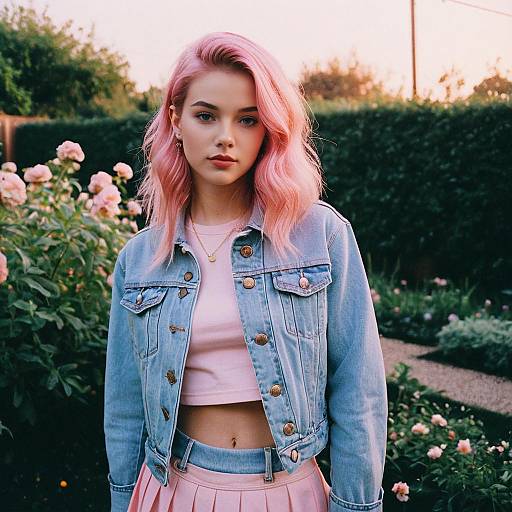 Teen Girl with Pastel Pink Hair in Denim Outfit