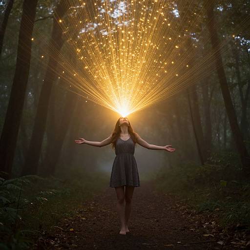 Photograph of a woman in a dark dress with arms outstretched, standing in a misty forest, surrounded by a radiant burst of golden,
