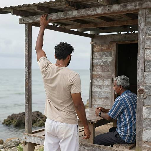 Men in Rustic Hut by Water