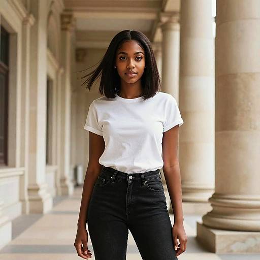 Photograph of a young Black woman with straight black hair, wearing a white t-shirt and black jeans, standing in a sunlit, colonnaded