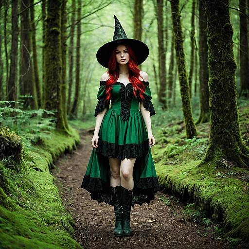 Young Witch in Green Dress in Forest