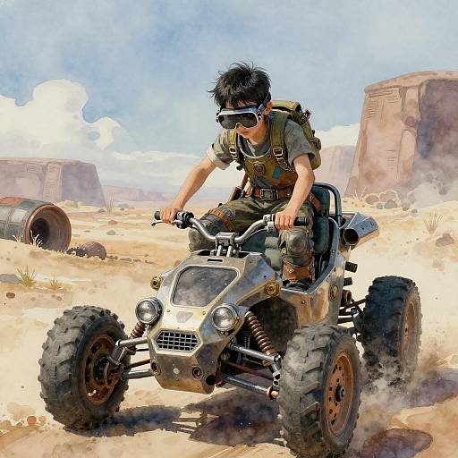 Digital painting of a young boy in military gear riding a rugged all-terrain vehicle across a sandy, desert landscape with abandoned machinery in the background.