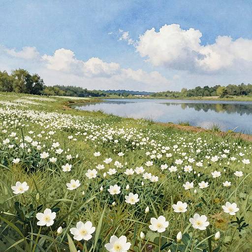 Watercolor Landscape of Flower Field