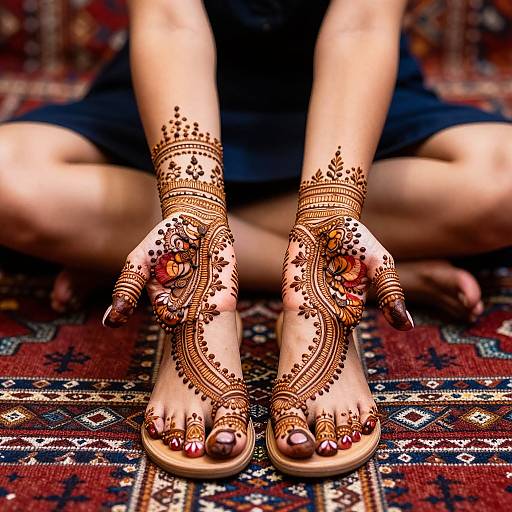 Photograph of henna-decorated feet in ornate sandals, seated on vibrant patterned rug, legs crossed, blurred dark blue dress background.