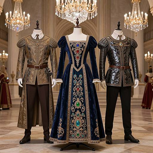 Photograph of three mannequins in ornate, medieval-style clothing with intricate embroidery and metallic accents, displayed in a grand, chandelier-l