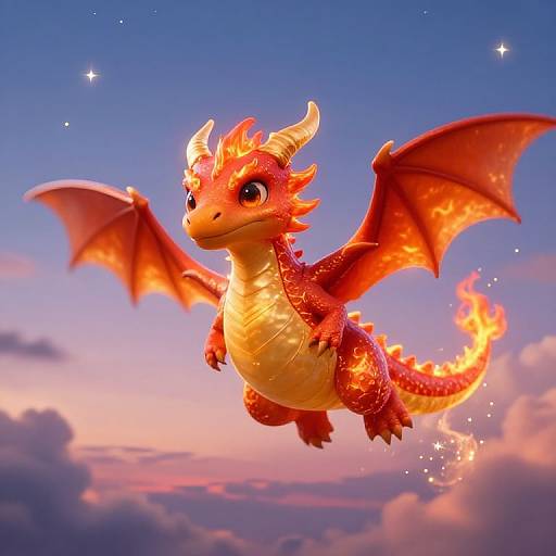 Bright red, cartoon-style dragon with glowing wings and fiery tail, soaring in a colorful, twilight sky with stars and clouds. Digital art.