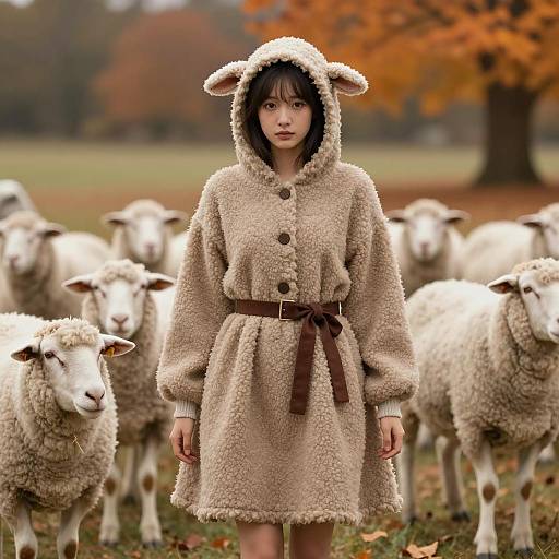 Realistic Sheep Costume in Autumn Setting
