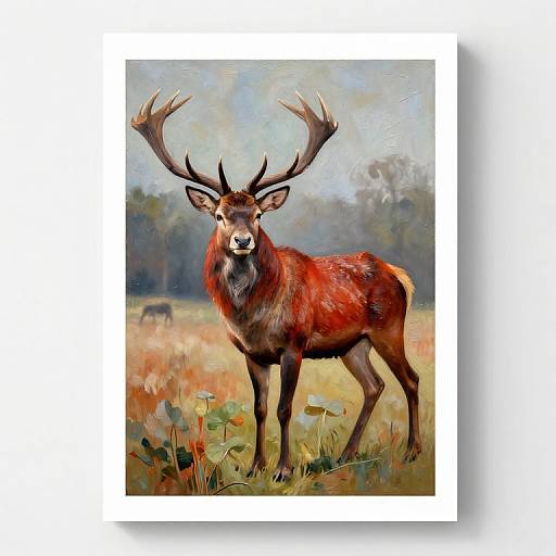 Digital painting of a majestic red stag with large antlers standing in a grassy meadow, blurred forest background, vibrant colors.
