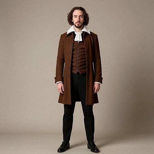 Photograph of a man with curly brown hair and beard, wearing a brown coat, white-collared shirt, brown vest, black pants, and