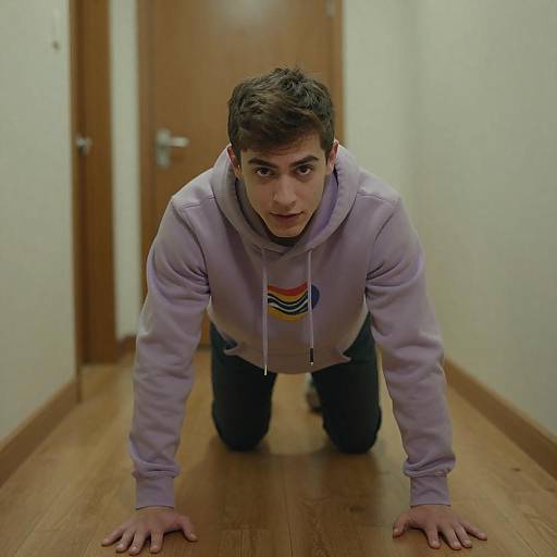 Young Man Crawling in Dim Hallway
