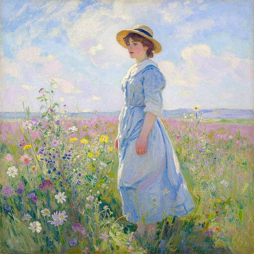 Impressionist painting of a fair-skinned woman in a light blue dress and straw hat, standing in a vibrant, sunlit meadow with colorful