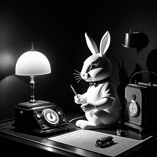 Noir Rabbit Writing Beside Retro Radio