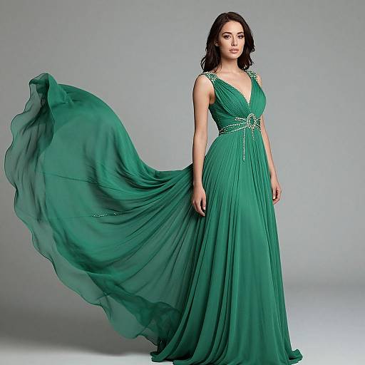 Photograph of an elegant woman with long black hair in a flowing, sleeveless, deep green gown with a V-neck, standing against a plain gray