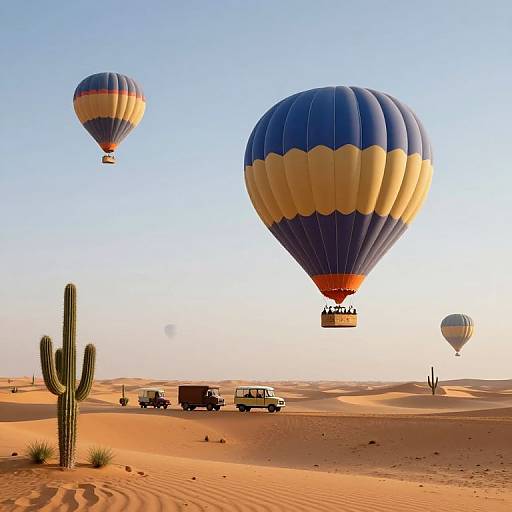 Photograph of a desert scene with three colorful hot air balloons, a cactus, and two off-road vehicles on sandy dunes under a clear blue