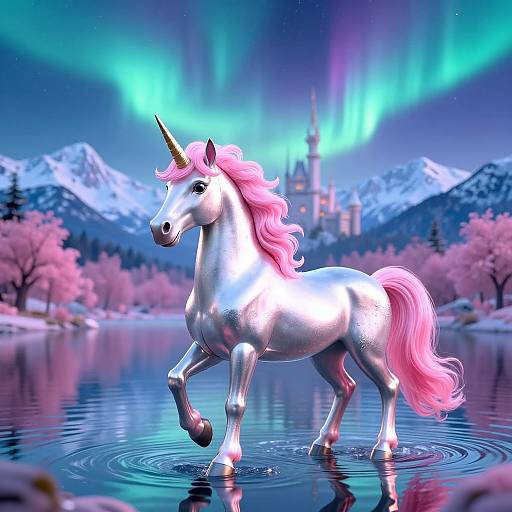 Digital artwork: A shimmering white unicorn with a pink mane and tail walks on a reflective lake, under a vibrant aurora borealis, with a