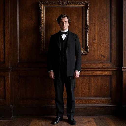 Photograph of a serious, curly-haired man in a black formal suit, white shirt, and black bow tie, standing in front of an ornate