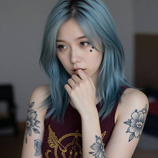 Contemplative Young Woman with Tattoos