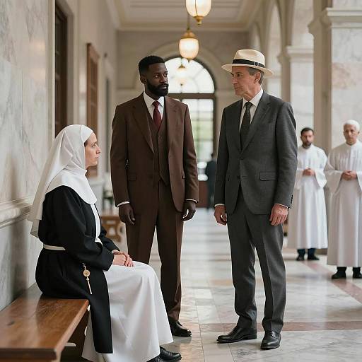 Elegant Hallway Scene with Diverse Figures