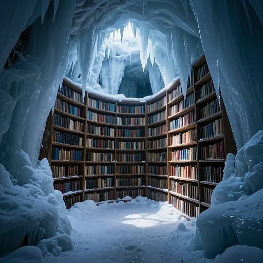 Photograph of a snow-covered, icicle-lined cave housing a curved, multi-tiered bookshelf filled with various colored books, illuminated by sunlight from