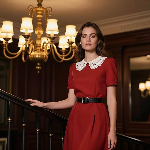 Woman in Red Dress on Staircase