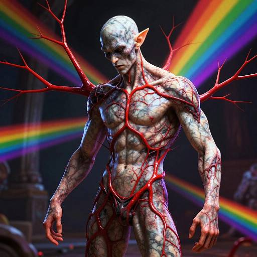 Digital CGI of a muscular, bald, white-skinned, elf-like creature with red, branching veins and a rainbow background. Dark, eerie setting with