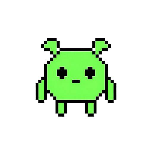 Pixel art of a green, square-shaped, cartoon character with black eyes and a black mouth, small ears, and simple black lines for legs and arms