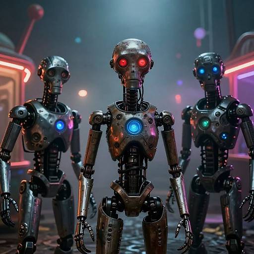 Photorealistic CGI of three metallic robots with glowing red, blue, and green eyes standing in a neon-lit, futuristic room.