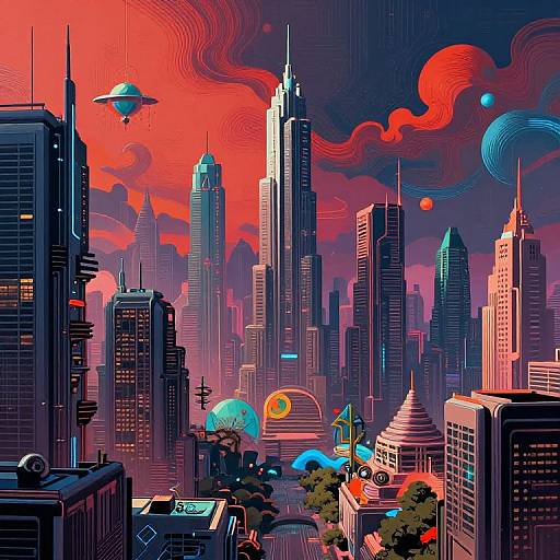 Digital artwork of a vibrant, futuristic cityscape with neon skyscrapers, UFOs, and colorful clouds against a red and purple sky.