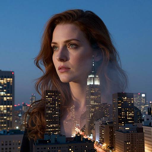 Photograph of a serious, fair-skinned woman with wavy brown hair against a nighttime cityscape, skyscrapers illuminated, with the Empire State