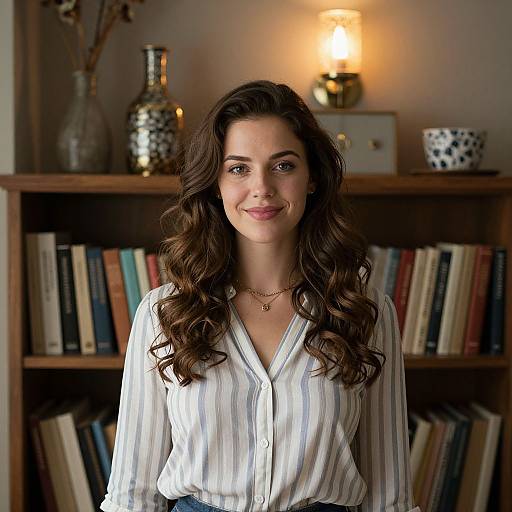 Photograph of a smiling woman with long, wavy brown hair, wearing a white striped blouse, standing in front of a bookshelf with colorful books