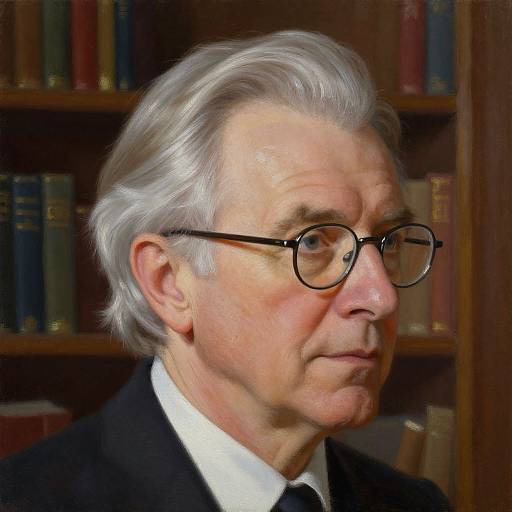 Photorealistic portrait of an elderly white man with white hair, black-rimmed glasses, and black suit, standing in front of a wooden book