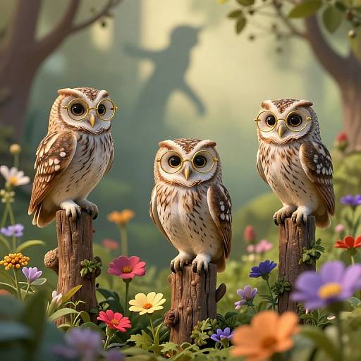 Sage Owls in Whimsical Garden