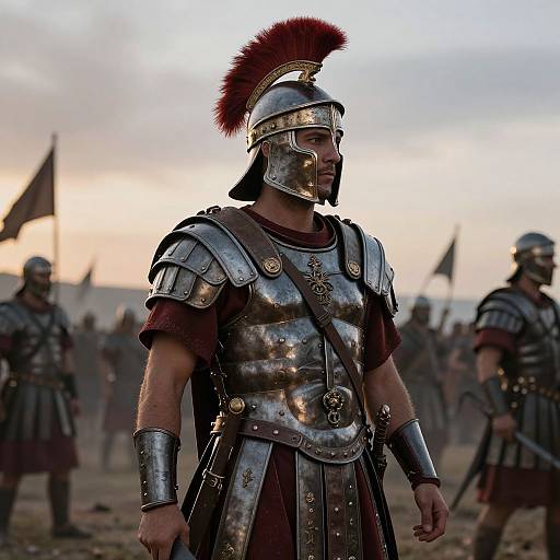 Photograph of a muscular, armored Roman soldier in a shining helmet with a red plume, standing in a battlefield at sunset. Background shows fellow soldiers
