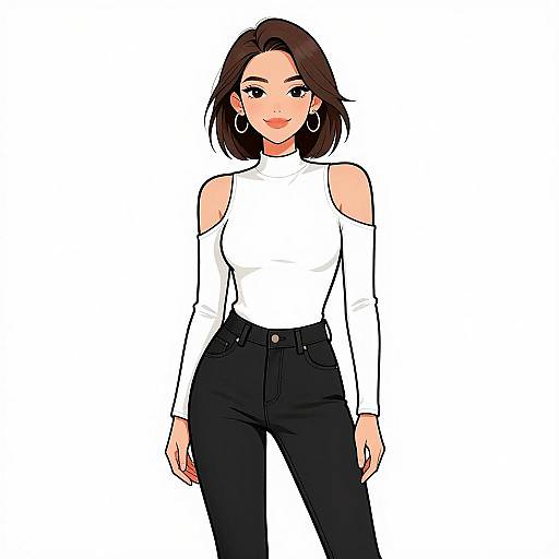 Digital illustration of a confident woman with short brown hair, wearing a white, sleeveless, turtleneck top and black high-waisted pants,