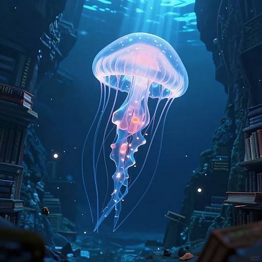 Photograph of a glowing, blue and white jellyfish with long, translucent tentacles in an underwater, futuristic cityscape with towering, illuminated buildings.
