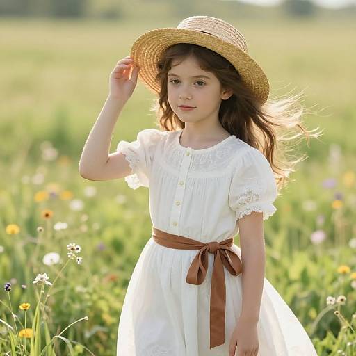 Young Girl in Vintage Meadow Scene
