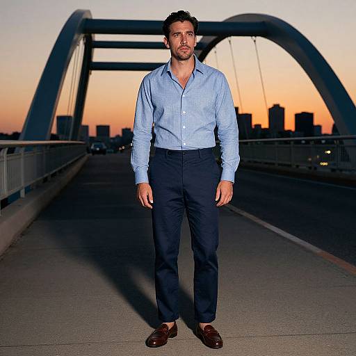 Photograph of a bearded man with short dark hair, wearing a light blue shirt, black pants, and brown shoes, standing on a bridge at