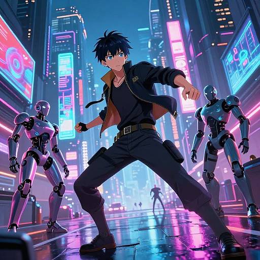 Anime-style digital illustration of a black-haired, blue-eyed man in a black jacket and pants, standing confidently in a neon-lit, cyberpunk city