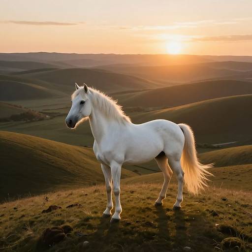 Photograph of a white horse with a flowing mane and tail, standing on a hilltop at sunset, with rolling hills and a golden sky in the