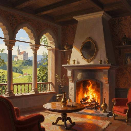 Cozy, sunlit living room with roaring fireplace, arched windows, red armchairs, wooden table, and lush countryside view outside. Warm