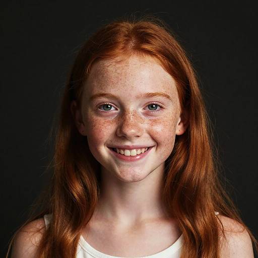 Photograph of a smiling young girl with long red hair, freckled face, and blue eyes, wearing a white tank top against a black background