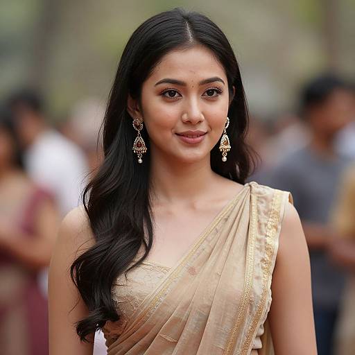 Photograph of an Indian woman with long black hair, wearing a gold saree and ornate earrings, smiling in a blurred outdoor setting.