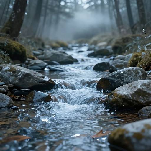 Photograph of a serene forest stream with clear, glistening water flowing over smooth rocks, surrounded by moss-covered stones and tall, misty pine trees