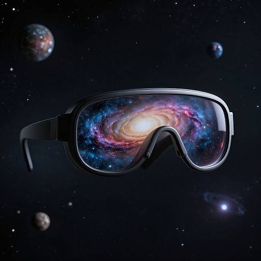 Digital artwork of a futuristic VR headset with a vibrant galaxy inside, floating in a starry outer space with planets.