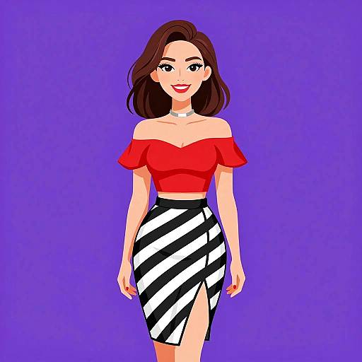 Digital illustration of a smiling woman with medium-length brown hair, wearing a red off-shoulder top and black-and-white striped skirt, against a solid